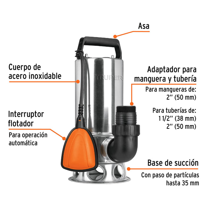 Bomba-sumergible-metálica-para-agua-sucia-1-1/2-HP,-Truper