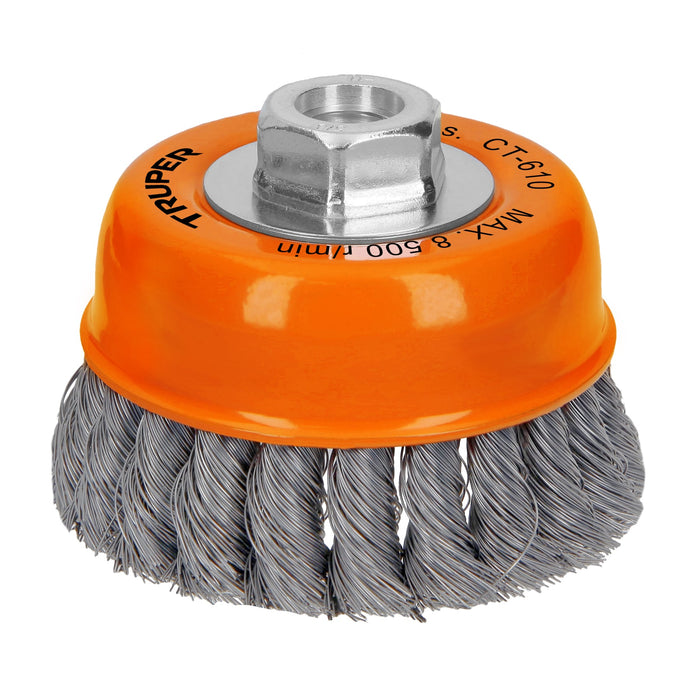 Carda-copa-4"-alambre-trenzado-fino,-eje-5/8"-11,-Truper