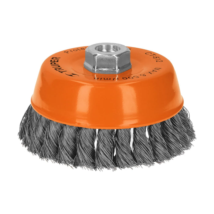 Carda-copa-5"-alambre-trenzado-fino,-eje-5/8"-11,-Truper