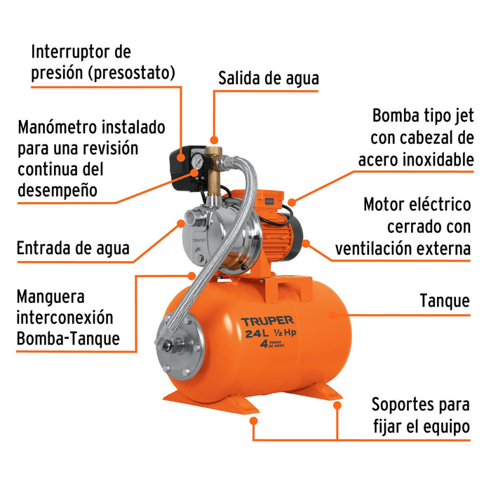 Bomba-hidroneumática-1/2-HP,-24-litros,-Truper