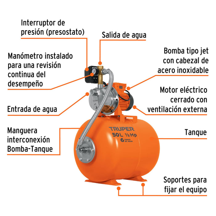 Bomba-hidroneumática-1/2-HP,-50-litros,-Truper