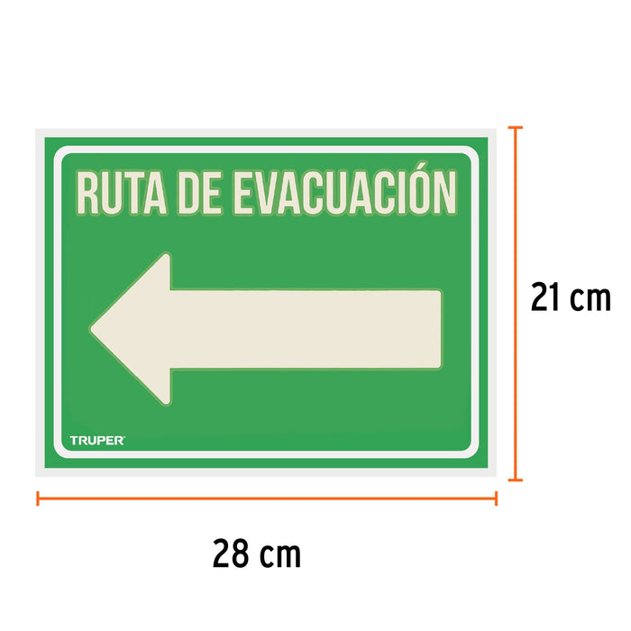Letrero de señalización "RUTA EVACUACIÓN IZQUIERDA",21x28 cm