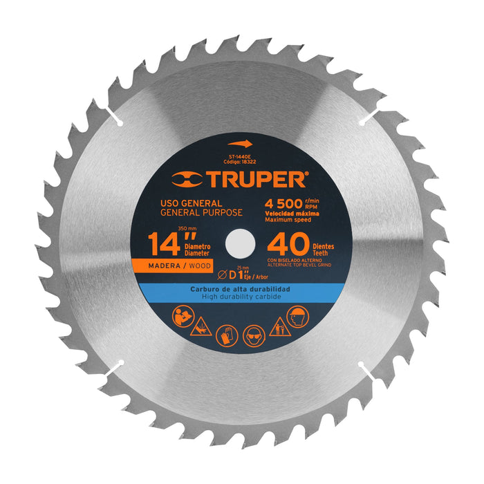 Disco-sierra-14"-para-madera,-40-dientes-centro-1",-Truper