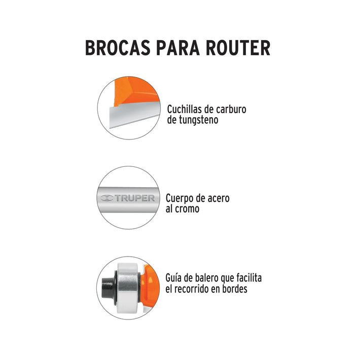 Broca para router, media caña, 1/2" con balero