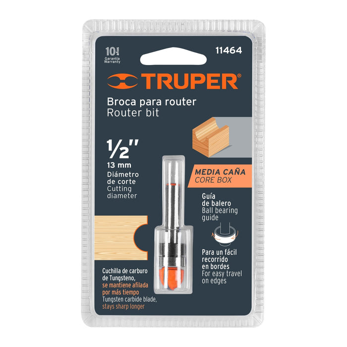 Broca para router, media caña, 1/2" con balero