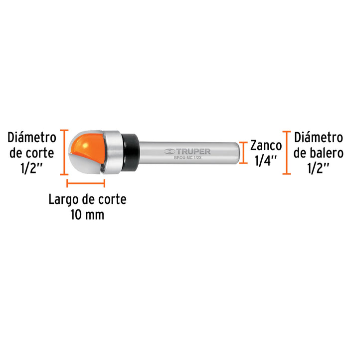 Broca para router, media caña, 1/2" con balero