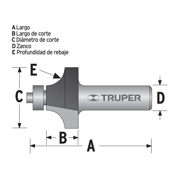 Broca para router, redondeado con moldura, 11/2" con balero