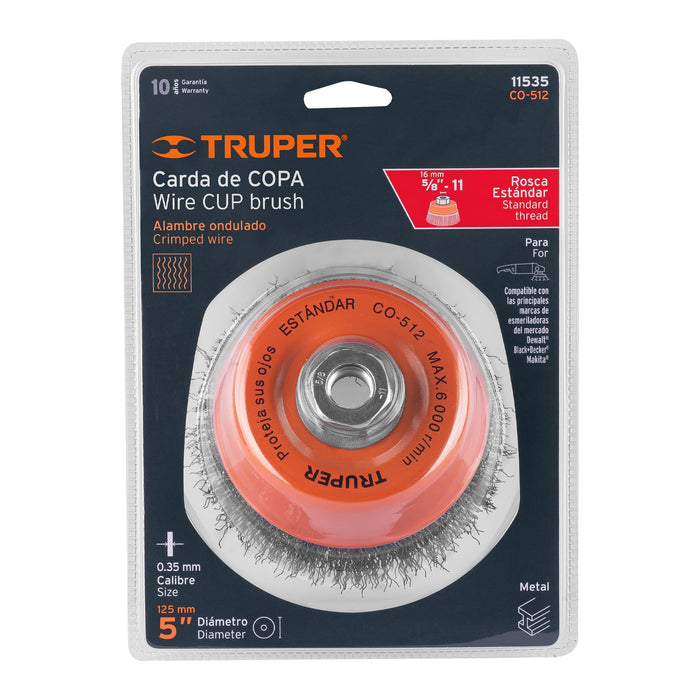 Carda-copa-5"-alambre-ondulado-fino,-eje-5/8"-11,-Truper