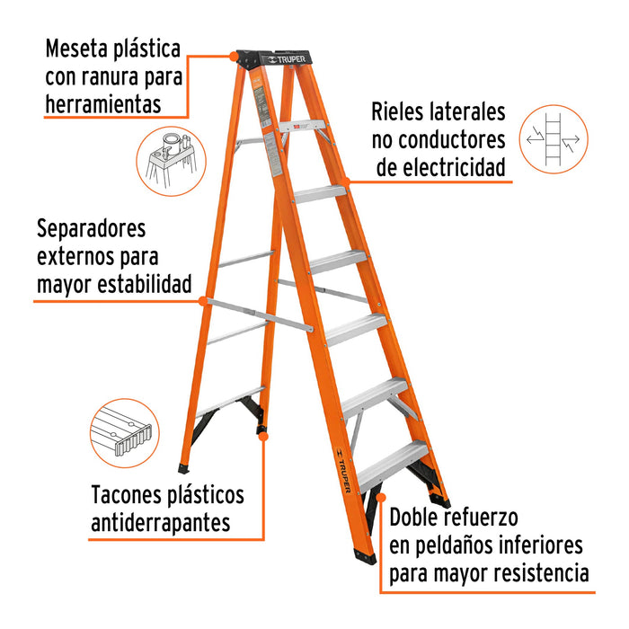 Escalera de tijera, tipo ll, 6 peldaños, fibra de vidrio