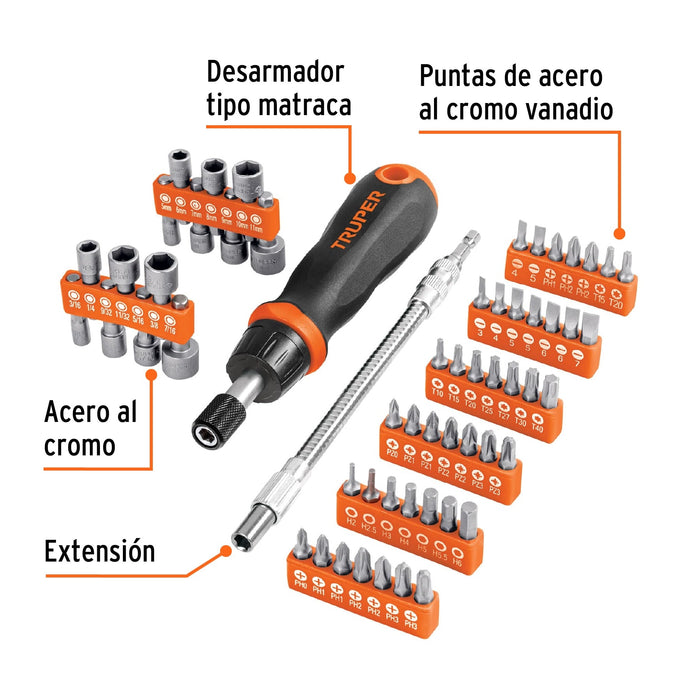 Desarmador tipo matraca con 42 puntas y 14 dados