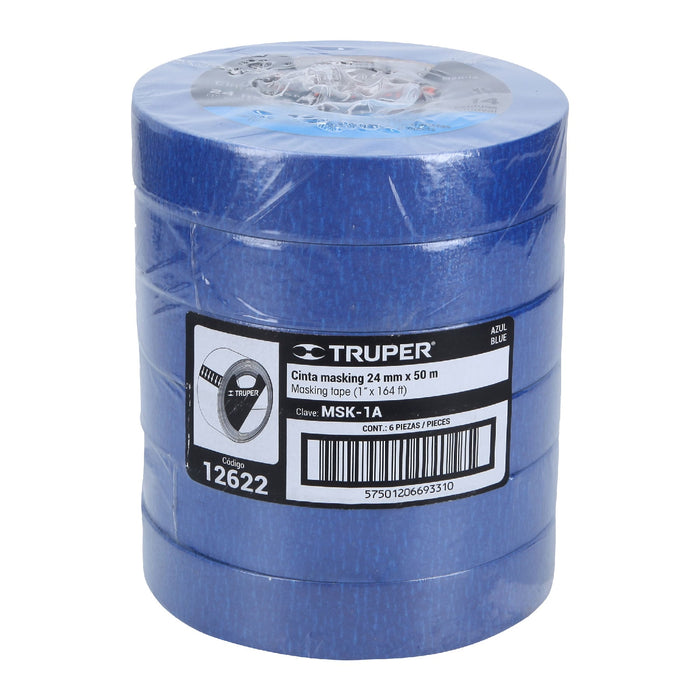 Bolsa con 6 Cinta masking tape azul de 1" x150 ft