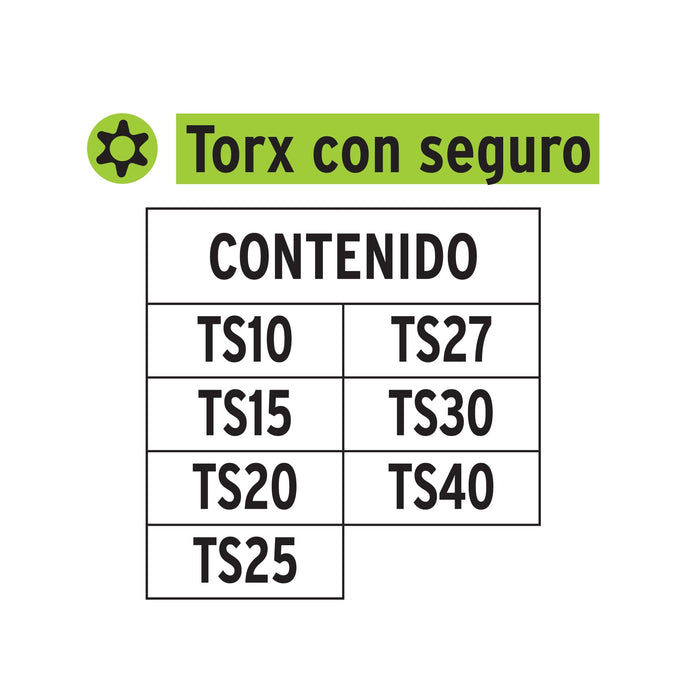 Juego de 7 puntas torx combinadas c/seguro largo 2"