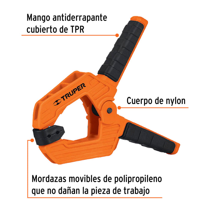 Prensa de resorte de 4", cuerpo de nylon con mango de TPR