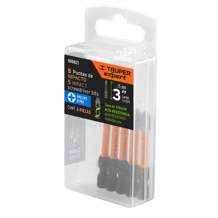 Estuche con 5 puntas de cruz PH2 de impacto largo 3"