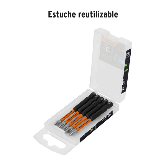 Estuche con 5 puntas de cruz PH2 de impacto largo 3"