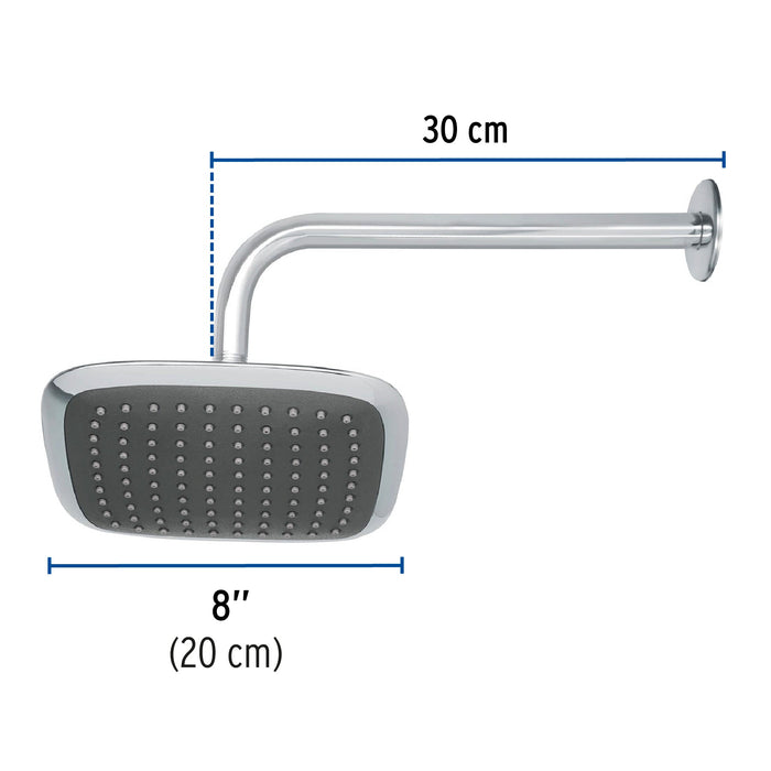 Regadera-cuadrada-plato-ancho-8"-brazo-inox-a-muro,-Foset