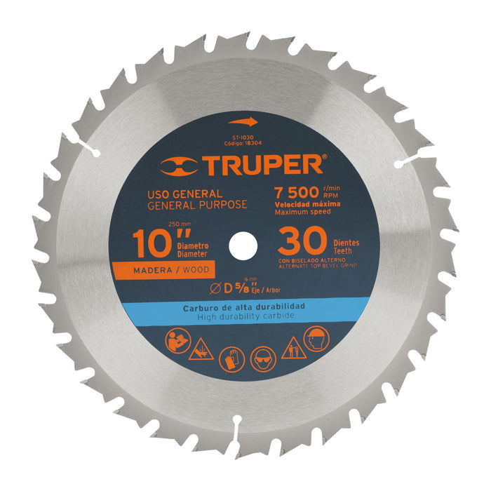Disco-sierra-10"-para-madera,-30-dientes-centro-5/8",-Truper