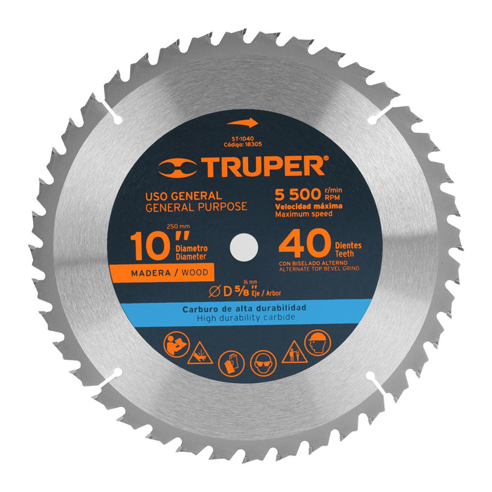 Disco-sierra-10"-para-madera,-40-dientes-centro-5/8",-Truper