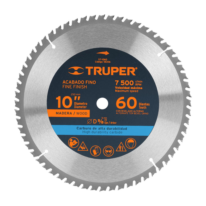 Disco-sierra-10"-para-madera,-60-dientes-centro-5/8",-Truper