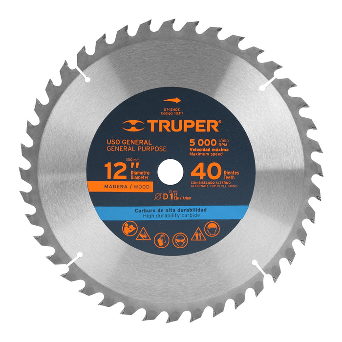 Disco-sierra-12"-para-madera,-40-dientes-centro-1",-Truper