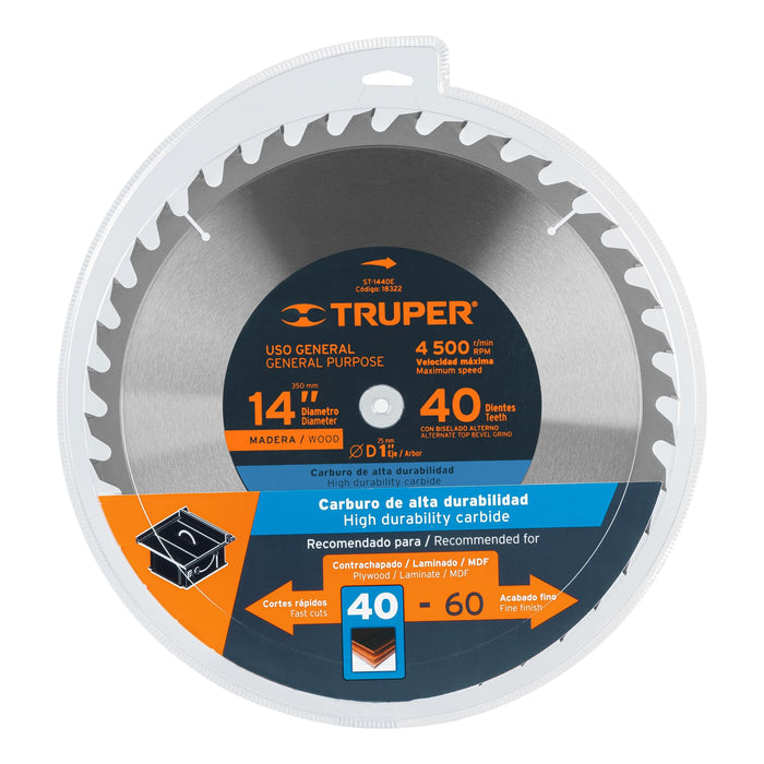 Disco-sierra-14"-para-madera,-40-dientes-centro-1",-Truper